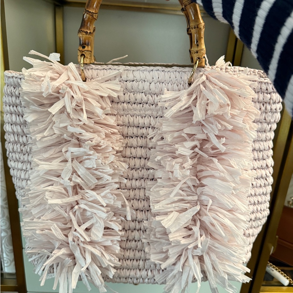 Pink Textured Tote with Fringe and Natural Handles
